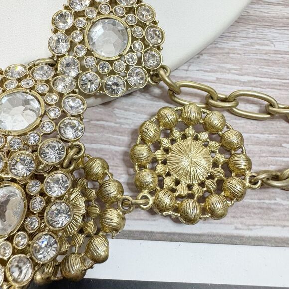 J Crew Sparkling Clear Crystal Necklace Gold Tone Round Clusters Chunky Chain - Picture 8 of 10